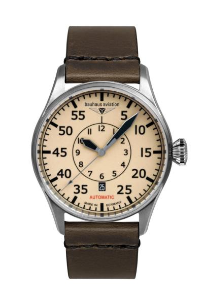 Bauhaus Aviation Herrenuhr Automatik mit Datum und Lederarmband